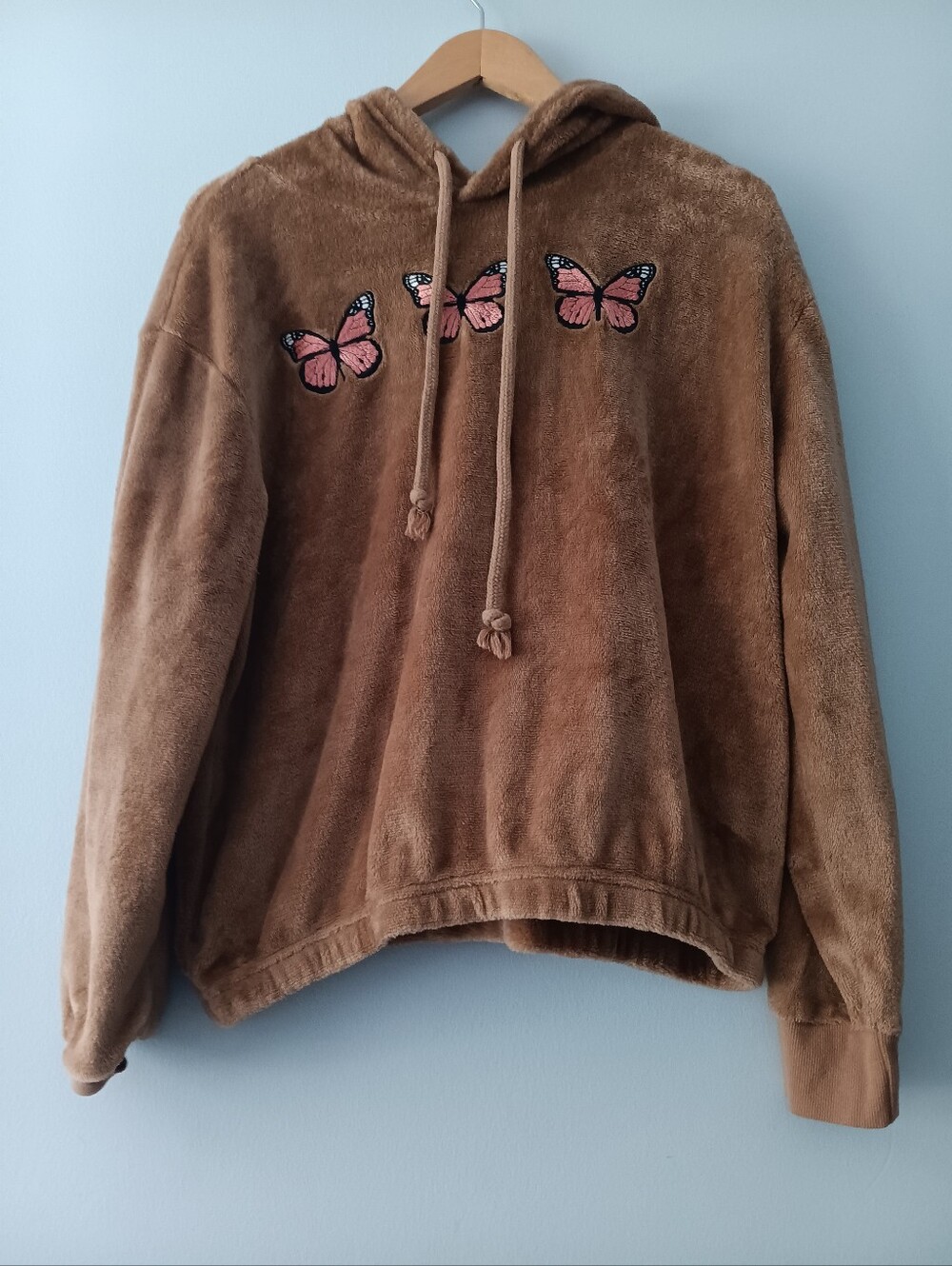 Mighty Fine Light Brown Butterfly Embroidered Soft Velour Hoodie M